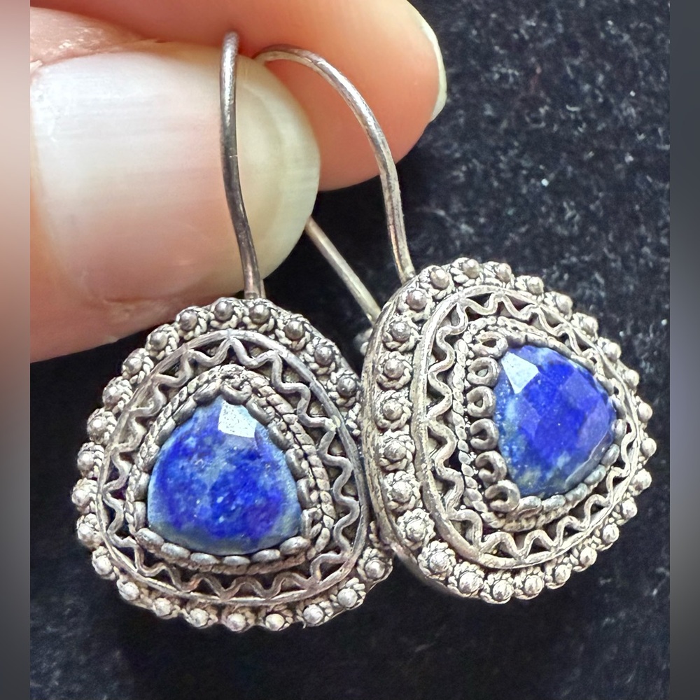 DGS Sterling Silver Lapis Lazuli 925 Filigree Liver Back Earrings Turkey